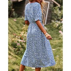 Blue V Neck Button Down Floral Dress with Pocket Blue V-neck Midi Dress With Buttons, V-neck Midi Dress With Buttons For Garden Party, Non-stretch Knee-length Midi Dress With Buttons, Casual Buttoned Dresses For Garden Party, Casual Buttoned Midi Dress For Garden Party, Blue Spring Dress With Button Closure, Spring Blue Dresses With Button Closure, Blue Mid-length Buttoned Dress, Casual Dress With Button Closure For Garden Party