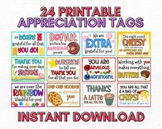 printable appreciation tags for teachers to use in the classroom or at home, including thank you