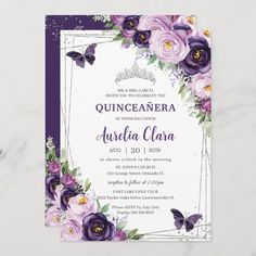 an elegant purple and white wedding card with flowers, butterflies and leaves on the front