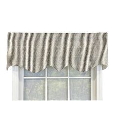 a white window with a black and white striped valance