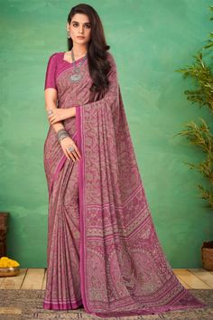 Dark Pink Color, Crepe Silk Sarees, Fancy Print, Crepe Saree