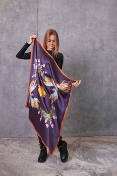 Purple Silk Shawl Scarf, Artistic Purple Silk Scarves, Artistic Purple Silk Scarf, Purple Bohemian Silk Scarf, Purple Silk Scarf, Large Square Scarf, Women Headband, Silk Scarf Style, Designer Scarf