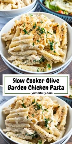 slow cooker olive garden chicken pasta in white bowls with parsley sprinkled on top