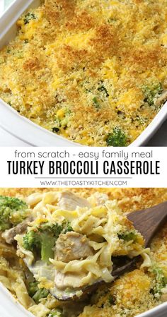 broccoli casserole in a white dish with a wooden spoon on the side