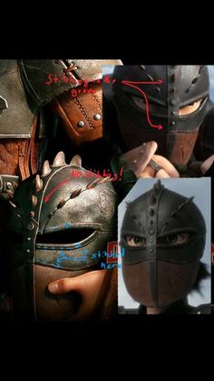 several photos of different types of helmets and armors, including one wearing a cat's head