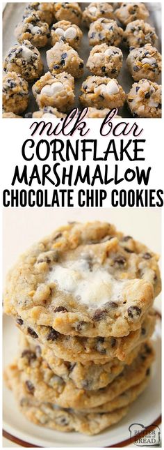 cookies are stacked on top of each other with the words, my life cornflake marshmallow chocolate chip cookies