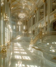 an ornately decorated hallway with chandeliers and stairs