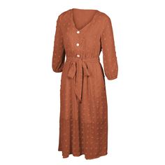 Brown 1/2 Sleeve Button Down V Neck Casual Dress Fall V-neck Midi Dress With Button Closure, Brown V-neck Midi Dress With Buttons, Women Dresses Casual, Casual Dress Women, Women Dresses, Dresses Casual, Casual Dresses For Women, Button Downs, Casual Dress