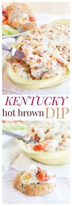 two pictures with the words kentucky hot brown dip on them and an image of food