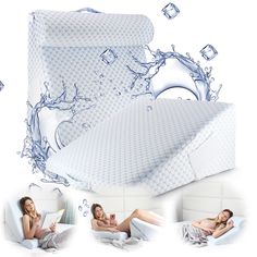 two women laying in bed next to each other with water splashing on them and the sheets pulled back