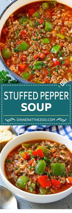 a bowl of stuffed pepper soup is shown with the title above it, and an image of