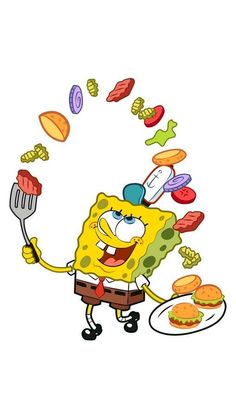 spongebob holding a plate with hamburgers and ketchup flying out of it