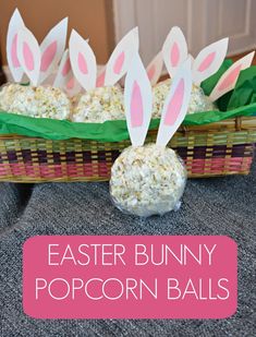 an easter basket with bunny ears made out of popcorn balls