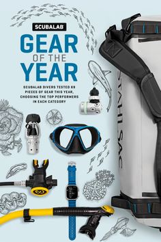 the cover of scubalab's gear of the year is shown with diving equipment