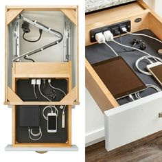 an open drawer with electronic devices in it and another opened drawer with electronics plugged into it