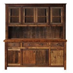 an old wooden hutch with drawers and cupboards on the front, isolated against a white background