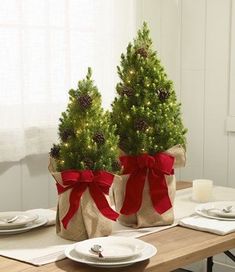 two small christmas trees in burlocks with red bows on them sitting on a table