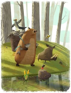 an image of some animals in the woods with trees and birds around them, as well as text that reads save