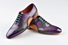 Buy TucciPolo Mens Handmade Purple Oxfords Side Handsewn Welted Italian Leather Core Luxury Shoe. Great attention to detail for these lace-up in soft, ocean blue laces, upper side perforated details and stitching on the top, toe and sides. With a special handmade welt sole production on the side. Leather : Hand polish Calfskin Color: Purple polish This is a made-to-order product. Each pair will be made upon receipt of order and shipped in approximately 15 days. Because our shoes are hand-painted Retro Future, Custom Made Shoes, Bespoke Shoes, Italian Leather Shoes, Handmade Leather Shoes, Oxford Dress Shoes, Leather Dress Shoes, Sneaker Dress Shoes, Leather Shoes Men