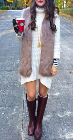 2015 Winter fashion inspiration - Jennifer Rizzo Derby Outfits For Women, Stile Hippie Chic, Dress With Fur, Fur Outfit, Brown Faux Fur Vest, Derby Outfits, Fall Winter Wardrobe, Style Inspiration Winter