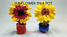 two crocheted sunflowers in a pot sitting on top of each other