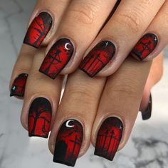 Gel Nails Gothic, Halloween Foil Nails, Halloween Blooming Gel Nails, Stephen King Nails, Grave Nails, The Shining Nails, Rocky Horror Nails, Exorcist Nails