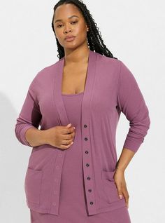 Matching Style(s): Search 15407229 FIT Model is 5’10” wearing size 1. . Measures 32” from shoulder (size 2). MATERIALS + CARE Super Soft Rib knit fabric: An incredibly soft, versatile knit with a ribbed texture that hugs close to the body. Stretch level: Maximum. 95% rayon, 5% spandex. Machine wash cold. Line dry. Imported. DETAILS Open neckline. Long sleeves. Snap front. The best plus size women's super soft rib snap front lounge cardigan sleepwear in berry conserve made of supersoftrib. These Lightweight Cardigan Summer, Lounge Cardigan, Peach Cardigan, Short Sleeve Kimono, Women Long Cardigan, Lounge Robes, Body Stretch, Red Knit Sweater, Rib Knit Fabric