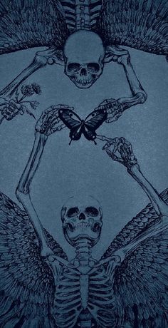 two skeletons with wings and a butterfly on their back are depicted in this blue drawing