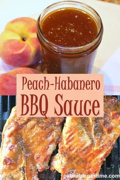 peach - habanero bbq sauce on the grill with grilled pork chops