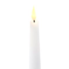 a white candle with a yellow light on it's end is shown in front of a white background