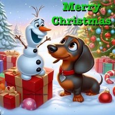 a christmas card with a dachshund and snowman in front of a christmas tree