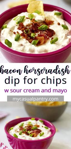 bacon horseradish dip for chips with sour cream and mayo in a pink bowl