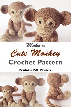 the crochet pattern for a stuffed monkey is shown in three different sizes and colors