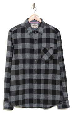 Amp up your cool-weather wardrobe with this button-down shirt that is crafted from plaid all-cotton flannel and completed with classic work-wear details. 29.5" length; 35.5" sleeve (size M) Spread collar Long sleeves Button front Single pocket 100% cotton Machine wash cold, tumble dry low Imported Model stats: 6'1" height, 32" waist. Model is wearing size M. Plaid Flannel Shirt, Cotton Flannel, Plaid Flannel, Flannel Shirt, Work Wear, Button Down Shirt, Black And Grey, Flag, Nordstrom