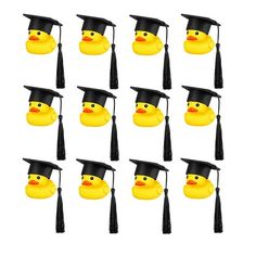 rubber ducks in graduation caps and gowns are lined up against a white background for an image