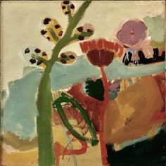 an abstract painting with flowers in the foreground