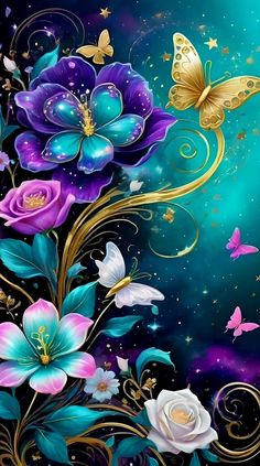 flowers and butterflies on a blue background with gold swirls, stars and sparkles