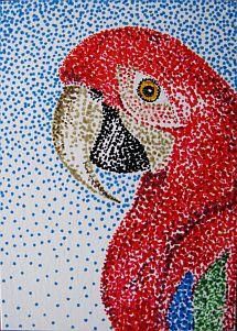 a painting of a red parrot with blue dots