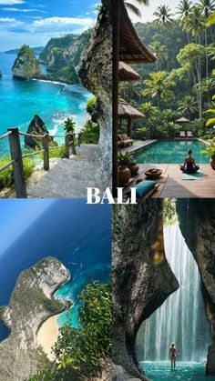 four different views of bali and the surrounding area with people swimming in water, sitting on rocks