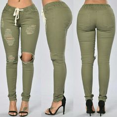 Sizes Run Small. Please Go A Size Up. Model Has On Medium Spring Stretch Ripped Pants, Fitted Ripped Summer Pants, Ripped Fitted Pants For Summer, Ripped Fitted Summer Pants, Ripped Green Cotton Bottoms, Jean Pants, Pants Color, Stretch Jeans, Jeans Pants