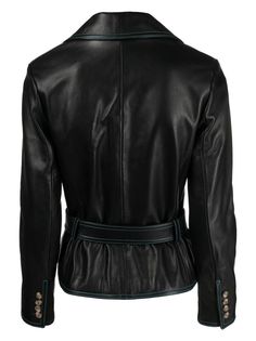 Chic Leather Jacket With Belt For Work, Designer Double-breasted Leather Jacket For Work, Fitted Leather Jacket With Belted Cuffs, Designer Leather Jacket With Belt, Designer Belted Leather Jacket, Belted Leather Jacket With Long Sleeves For Work, Classic Leather Jacket With Double-breasted Button, Designer Black Leather Jacket With Double Button Closure, Designer Black Leather Jacket With Double Button