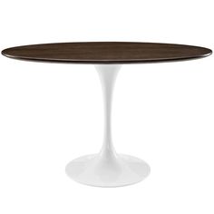 an oval dining table with a wooden top and white base, in front of a white background