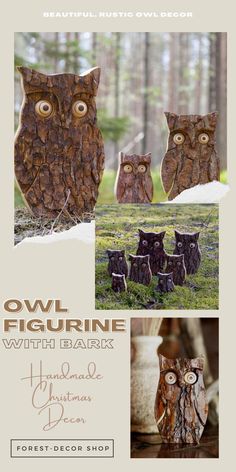 the owl figurine is made out of wood and has three owls on it