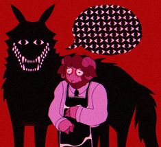 a man standing next to a black dog on top of a red background with circles