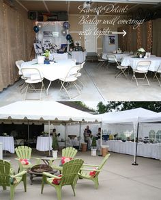 there are several tables and chairs set up for an outdoor event with white tablecloths