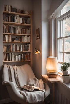 a chair sitting in front of a window next to a book shelf filled with books