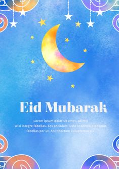 eid mubarak greeting card with crescent and stars on watercolor paper background