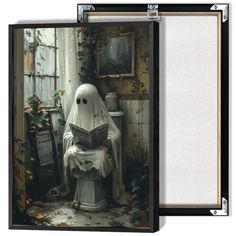 a painting of a ghost sitting on a toilet reading a book in a bathroom area