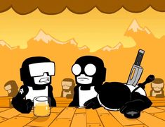 two cartoon characters sitting at a table with a cell phone in their hand and one holding a knife