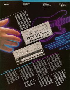 an advertisement for roland's electronic sound system, with hands and musical notes on it